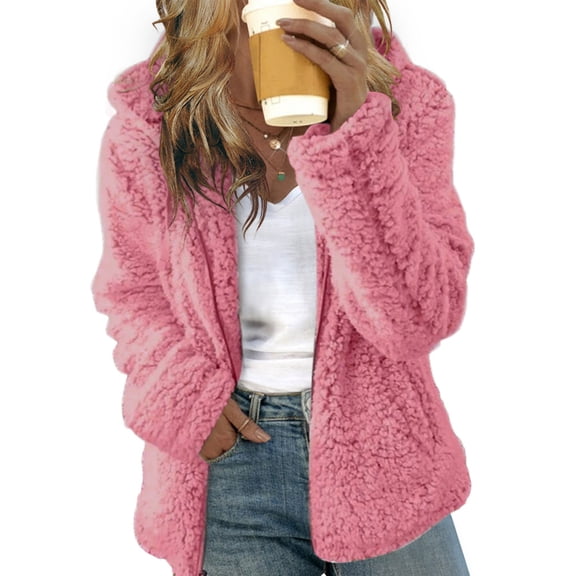 Womens Zip Up Fluffy Jackets Fleece Fuzzy Hoody Coats Casual Long Sleeve Outerwear Cardigan with Pockets