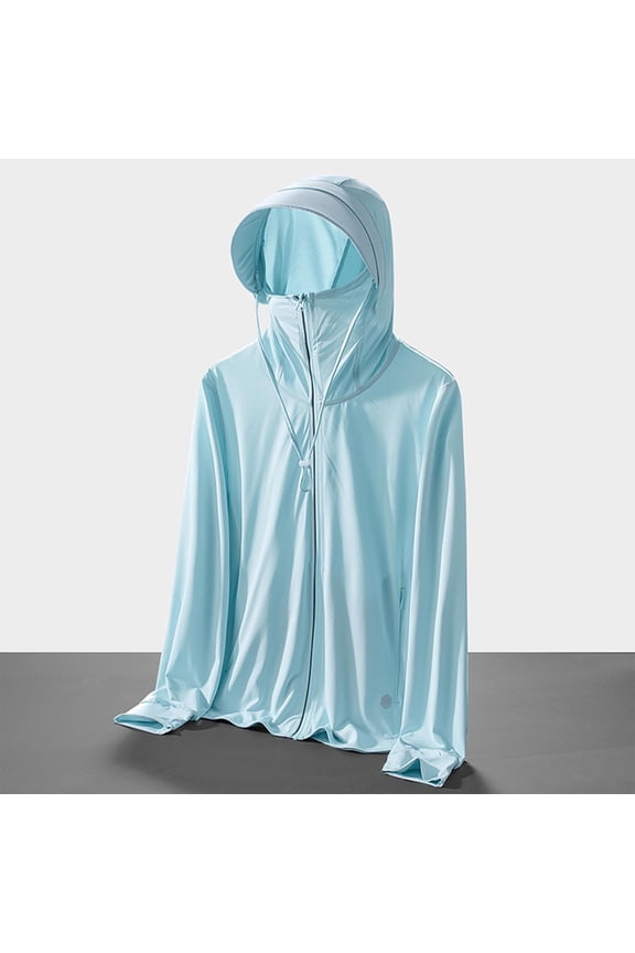 Womens Zip Up Full Face Cover Hood Jacket Drawstring Long Sleeve Loose Lightweight Outdoor Coat with Side Pockets Light Blue 4XL