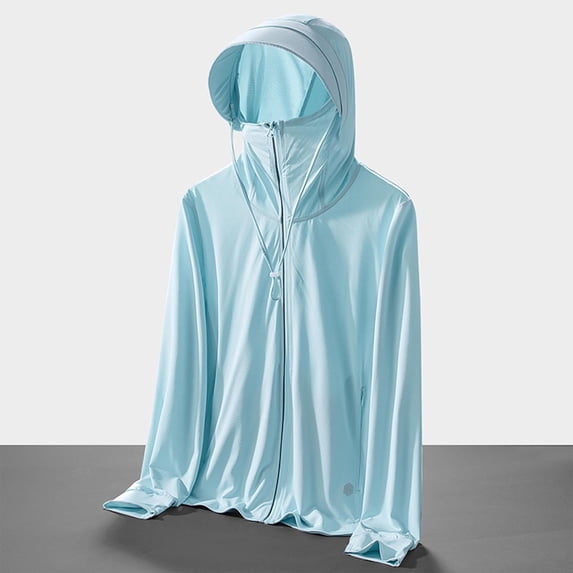 Womens Zip Up Full Face Cover Hood Jacket Drawstring Long Sleeve Loose Lightweight Outdoor Coat with Side Pockets Light Blue L