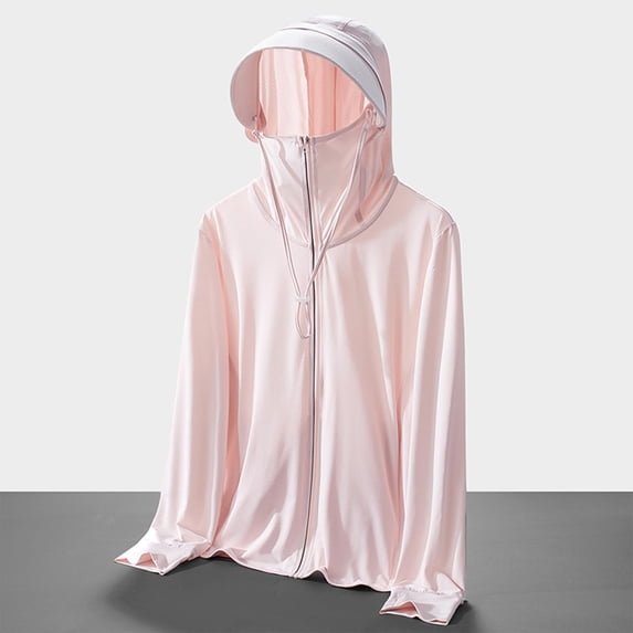 Womens Zip Up Full Face Cover Hood Jacket Drawstring Long Sleeve Loose Lightweight Outdoor Coat with Side Pockets Pink 5XL