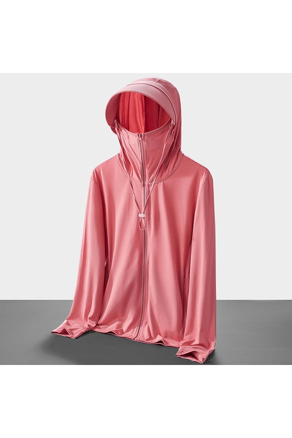 Womens Zip Up Full Face Cover Hood Jacket Drawstring Long Sleeve Loose Lightweight Outdoor Coat with Side Pockets Watermelon Red 3XL