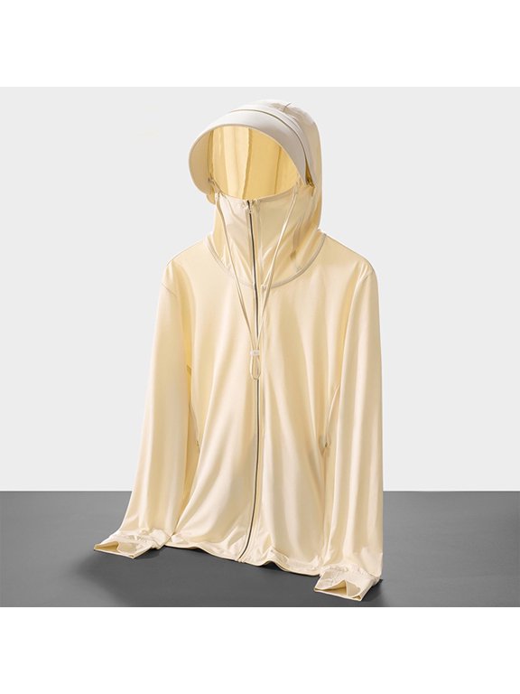 Womens Zip Up Full Face Cover Hood Jacket Drawstring Long Sleeve Loose Lightweight Outdoor Coat with Side Pockets Yellow XL