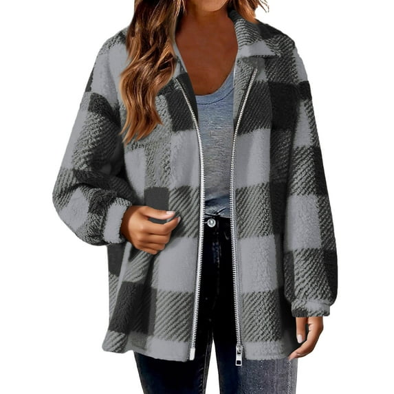 Womens Zip Up Fuzzy Sherpa Jacket Stand Collar Plaid Oversized Fleece Jackets Fluffy Coat Fall Winter Outwear