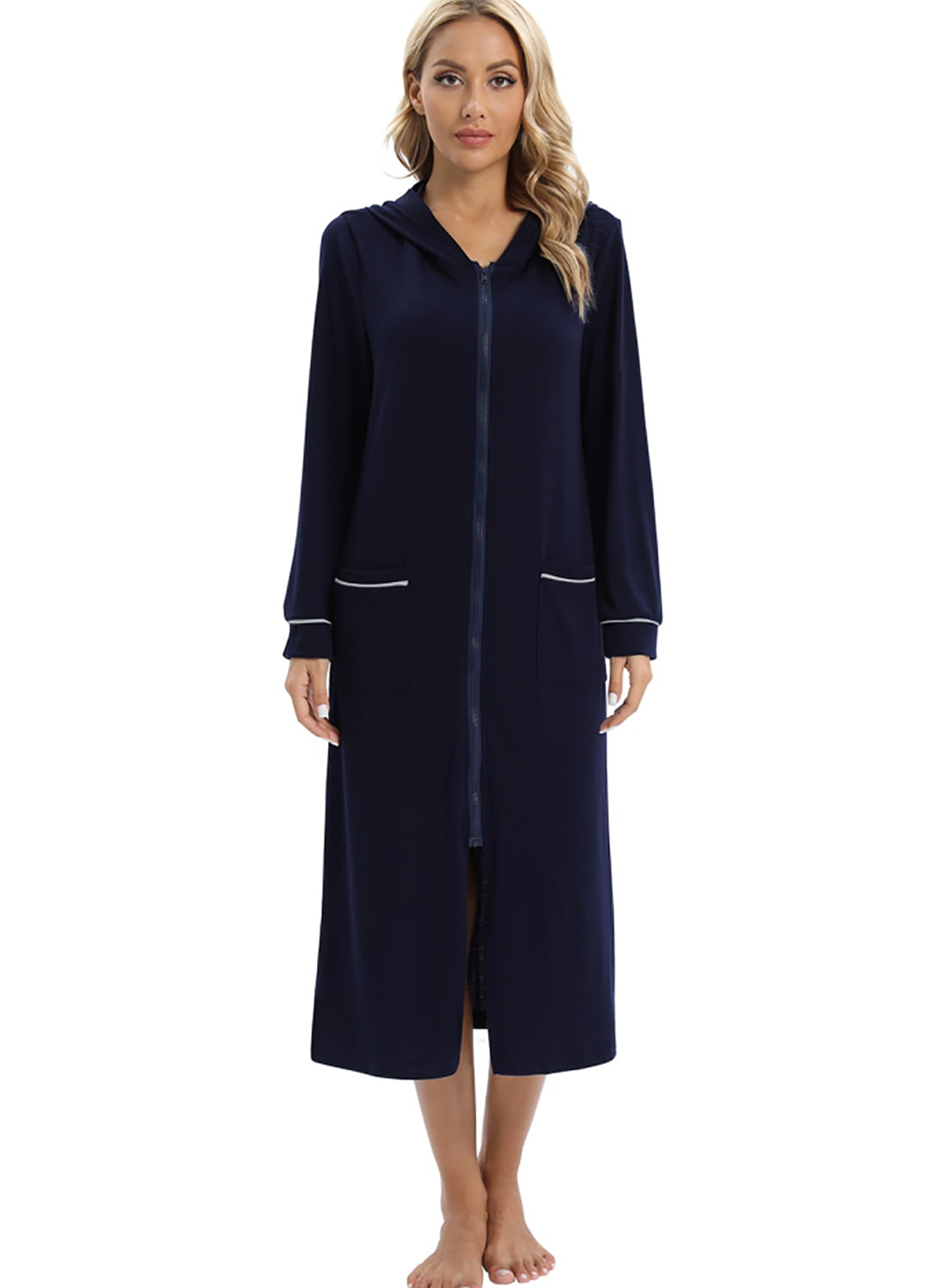 Womens Long Sleeve Zip Up Hooded Nightgown Soft Bathrobes Sleepwear