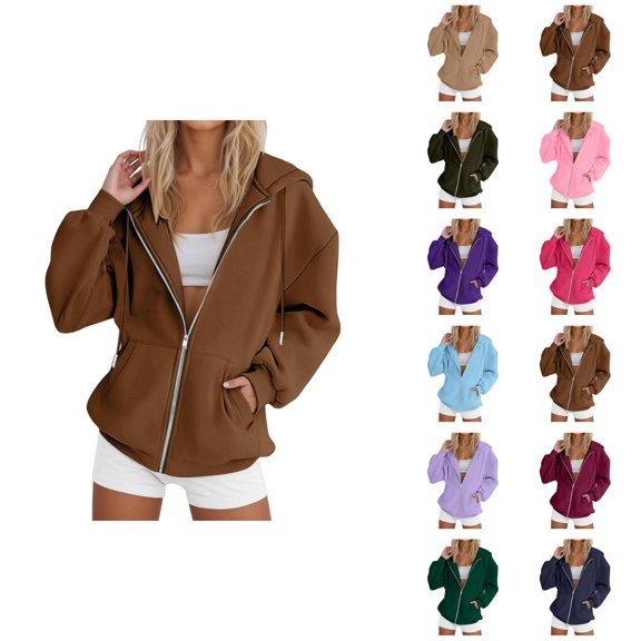 Womens Zip Up Hoodie 2026 Fall Winter Basic Long Sleeve Casual Hooded Sweatshirt with Pockets Jacket Coat Outerwear