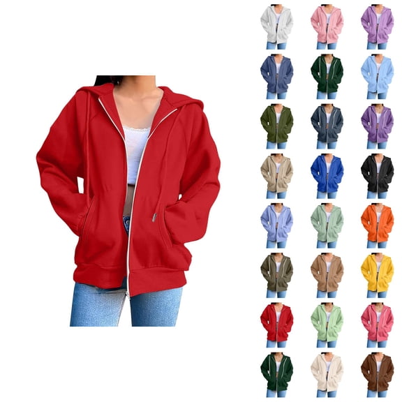 Womens Zip Up Hoodie 2026 Fall Winter Trendy Long Sleeve Plain Hoodie Sweatshirt Jacket Coat Outerwear with Pockets