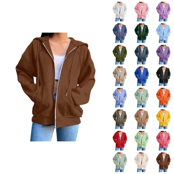 Womens Zip Up Hoodie 2026 Fall Winter Trendy Long Sleeve Plain Hoodie Sweatshirt Jacket Coat Outerwear with Pockets