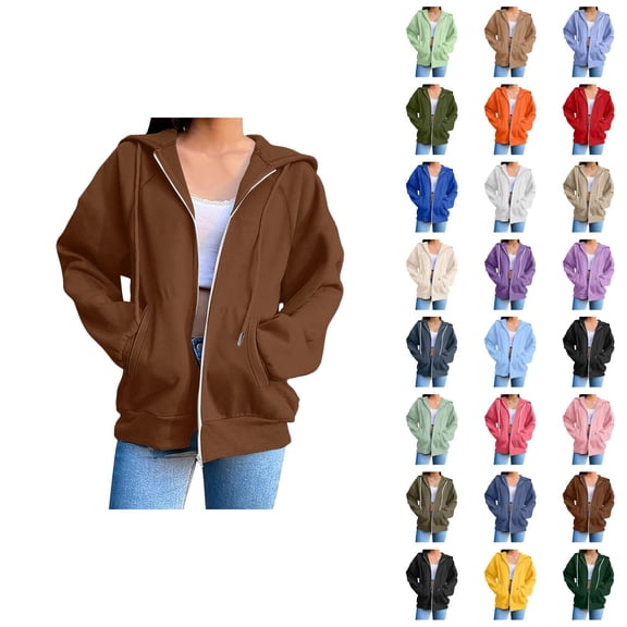 Womens Zip Up Hoodie 2026 Fall Winter Trendy Long Sleeve Plain Hoodie Sweatshirt Jacket Coat Outerwear with Pockets