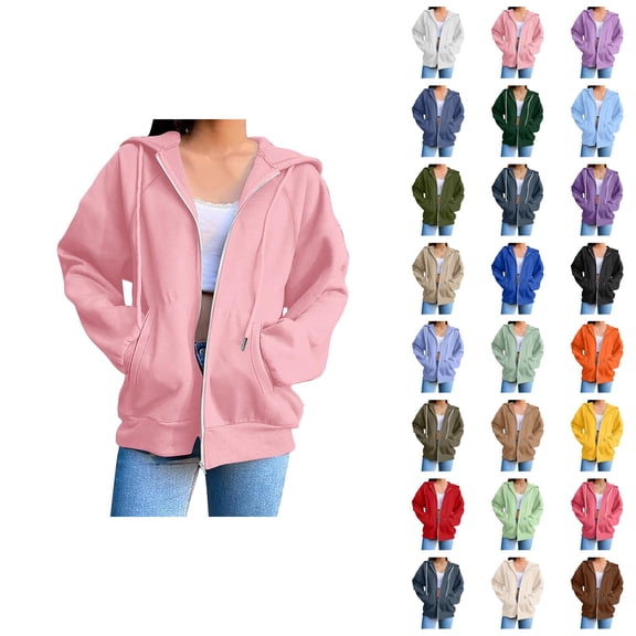 Womens Zip Up Hoodie 2026 Fall Winter Trendy Long Sleeve Plain Hoodie Sweatshirt Jacket Coat Outerwear with Pockets