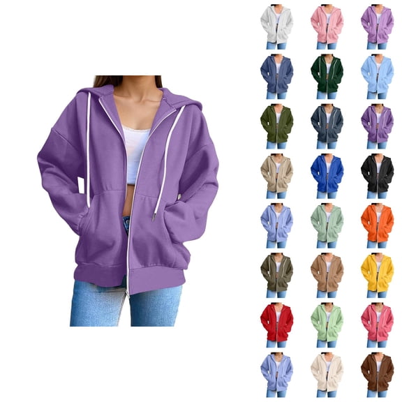 Womens Zip Up Hoodie 2026 Fall Winter Trendy Long Sleeve Plain Hoodie Sweatshirt Jacket Coat Outerwear with Pockets