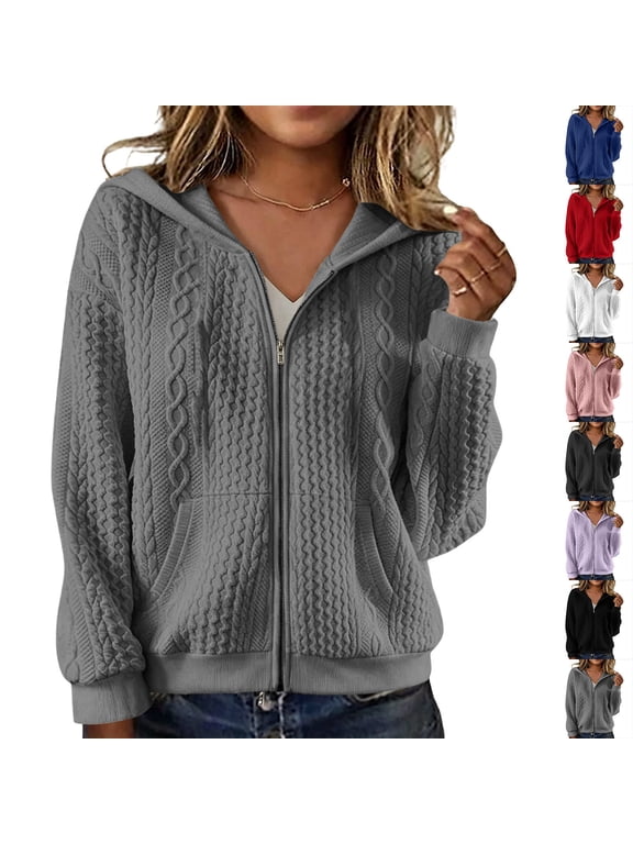 Womens Zip Up Hoodie Bomber Jacket Cable Textured Crop Sweatshirt Coat with Pockets Fall Outerwear, Gray|Hooded XL