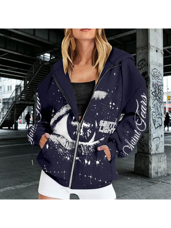 Womens Zip Up Hoodie Casual Goth Eye Moon Star Graphic Long Sleeve Hooded Jacket Streetwear Punk Sweatshirt Loose Fit Top Navy 2XL