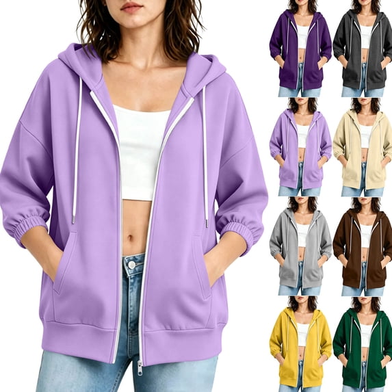 Womens Zip Up Hoodie Dqueduo Women's Oversized Casual Solid Color Zip-Up 3/4 Sleeve Elastic Cuff Jacket – Drawstring Hoodie Purple S