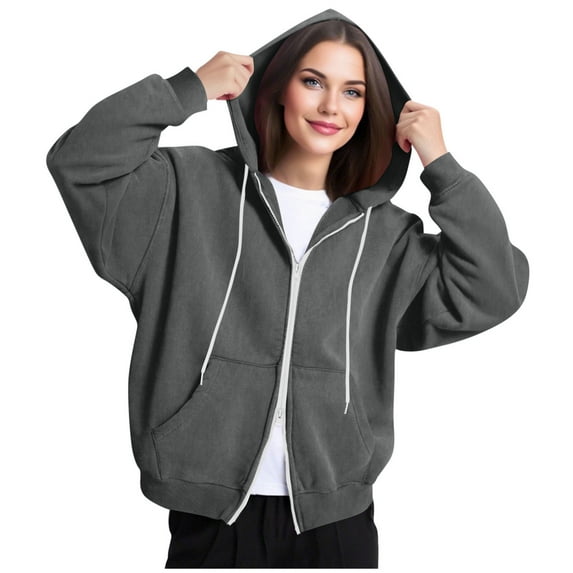 Womens Zip Up Hoodie Jackets 2 Way Zipper Drawstring Sweatshirt Coat with Pockets Long Sleeve Hooded Outerwear (2XL, Black)