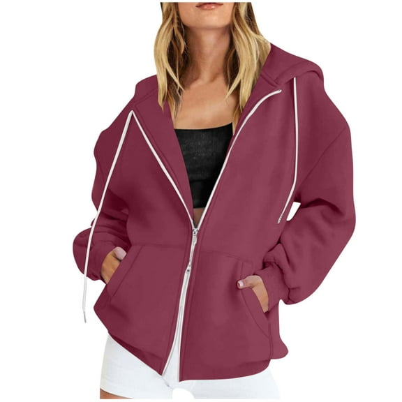 Womens Zip Up Hoodie Jackets 2 Way Zipper Drawstring Sweatshirt Coat with Pockets Long Sleeve Hooded Outerwear (L, Wine)