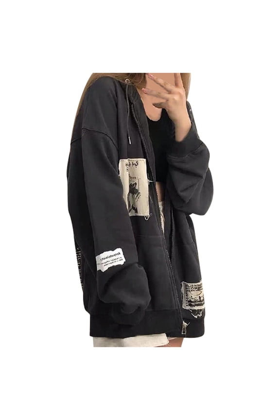 Womens Zip Up Hoodie Loose Lazy Fit Sweatshirt Retro Patchwork Graphic Hooded Pullover Trendy Casual Streetwear