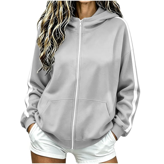Womens Zip Up Hoodie Sweatshirt Side Stripe Long Sleeve Drawstring Athletic Oversized Pullover with Kangaroo Pocket Casual Sportswear