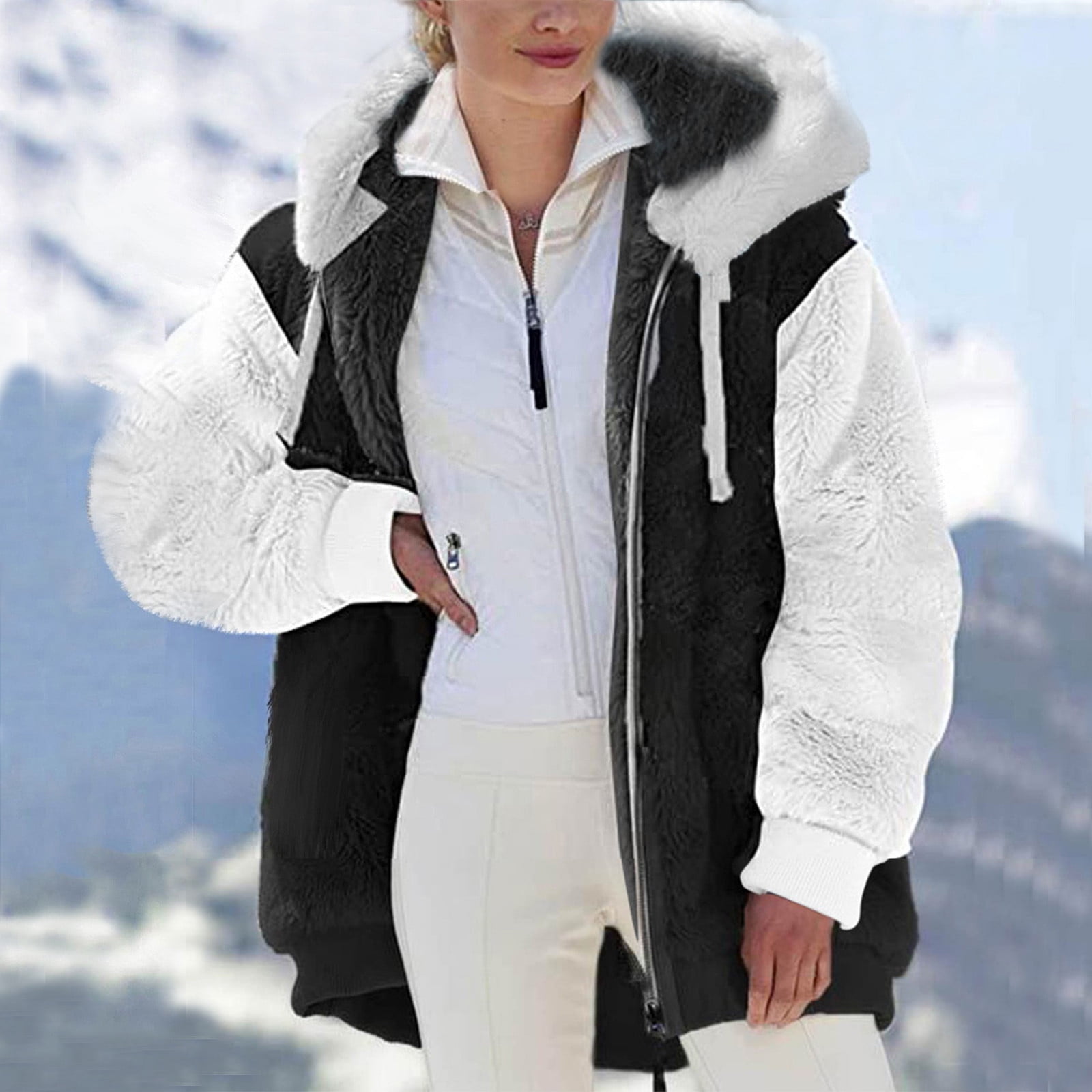 Womens Plush Zip Up Jacket With Wide Collar For Cozy Warmth And Everyday Casual Style