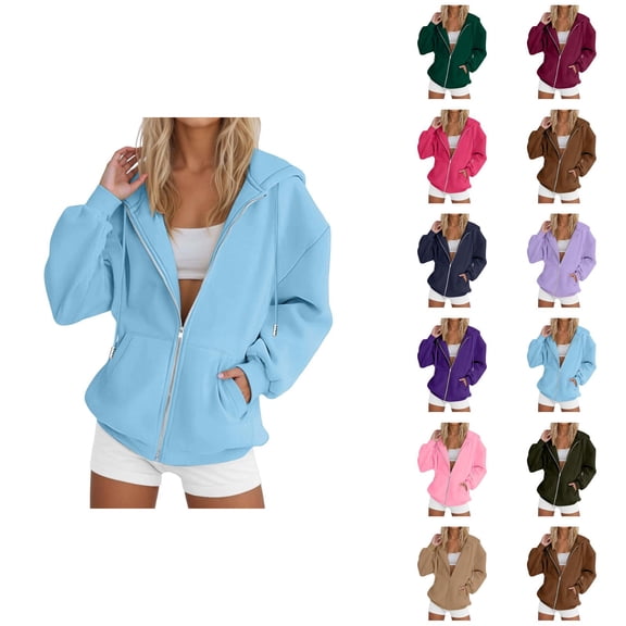 Womens Zip Up Hoodies 2026 Fall Winter Basic Long Sleeve Casual Hoodie Sweatshirt Jacket Coat Outerwear with Pockets
