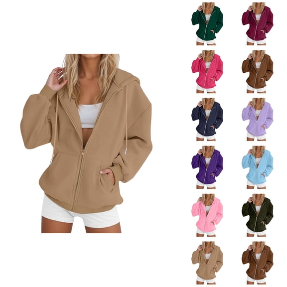 Womens Zip Up Hoodies 2026 Fall Winter Basic Long Sleeve Casual Hoodie Sweatshirt Jacket Coat Outerwear with Pockets