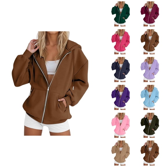 Womens Zip Up Hoodies 2026 Fall Winter Basic Long Sleeve Casual Hoodie Sweatshirt Jacket Coat Outerwear with Pockets