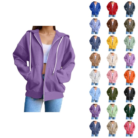 Womens Zip Up Hoodies 2026 Fall Winter Casual Long Sleeve Plain Hoodie Sweatshirt with Pockets Jacket Coat Outerwear