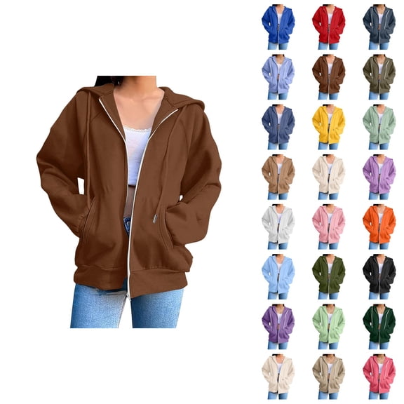 Womens Zip Up Hoodies 2026 Fall Winter Casual Long Sleeve Plain Hoodie Sweatshirt with Pockets Jacket Coat Outerwear