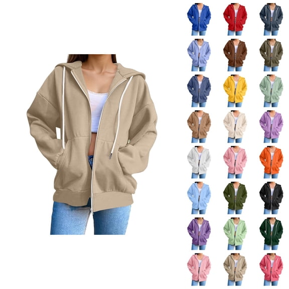 Womens Zip Up Hoodies 2026 Fall Winter Casual Long Sleeve Plain Hoodie Sweatshirt with Pockets Jacket Coat Outerwear