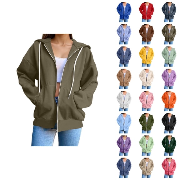 Womens Zip Up Hoodies 2026 Fall Winter Casual Long Sleeve Plain Hoodie Sweatshirt with Pockets Jacket Coat Outerwear