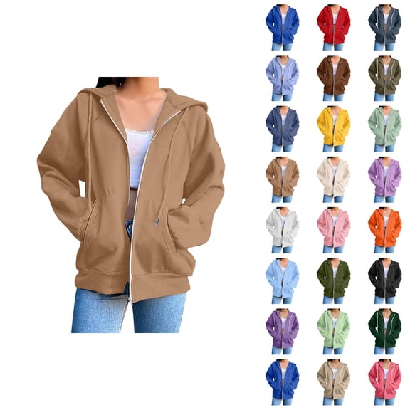 Womens Zip Up Hoodies 2026 Fall Winter Casual Long Sleeve Plain Hoodie Sweatshirt with Pockets Jacket Coat Outerwear