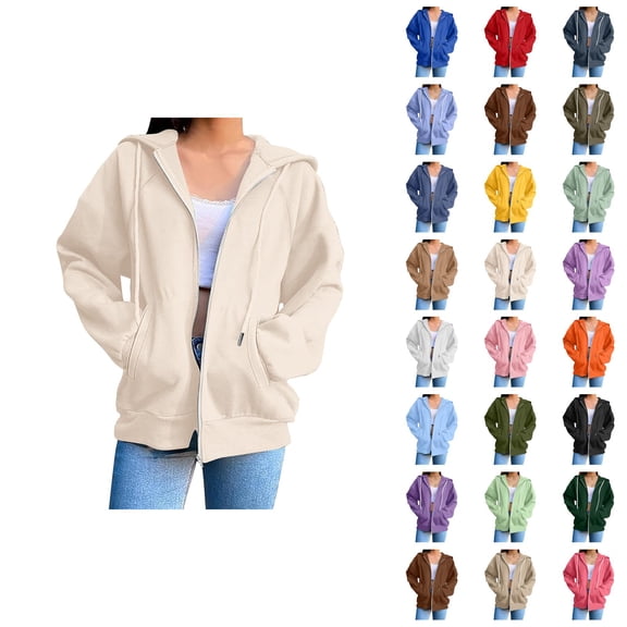 Womens Zip Up Hoodies 2026 Fall Winter Casual Long Sleeve Plain Hoodie Sweatshirt with Pockets Jacket Coat Outerwear