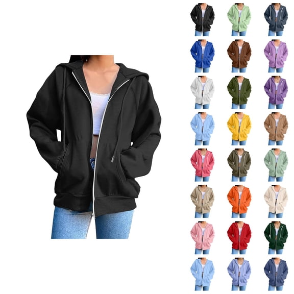 Womens Zip Up Hoodies 2026 Fall Winter Fashion Long Sleeve Plain Hoodie Sweatshirt Jacket Coat Outerwear with Pockets