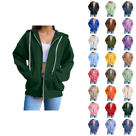 Womens Zip Up Hoodies 2026 Fall Winter Fashion Long Sleeve Plain Hoodie Sweatshirt Jacket Coat Outerwear with Pockets