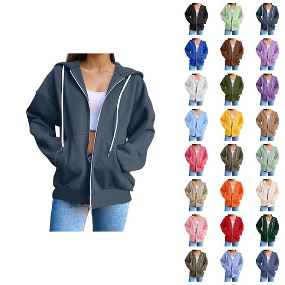Womens Zip Up Hoodies 2026 Fall Winter Fashion Long Sleeve Plain Hoodie Sweatshirt Jacket Coat Outerwear with Pockets