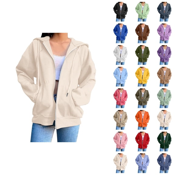 Womens Zip Up Hoodies 2026 Fall Winter Fashion Long Sleeve Plain Hoodie Sweatshirt Jacket Coat Outerwear with Pockets