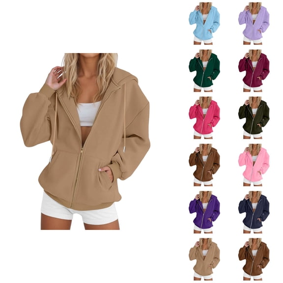 Womens Zip Up Hoodies 2026 Fall Winter Plain Casual Long Sleeve Hoodie Sweatshirt Jacket Coat Outerwear with Pockets