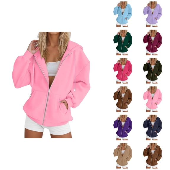 Womens Zip Up Hoodies 2026 Fall Winter Plain Casual Long Sleeve Hoodie Sweatshirt Jacket Coat Outerwear with Pockets