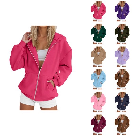 Womens Zip Up Hoodies 2026 Fall Winter Plain Long Sleeve Casual Hoodie Sweatshirt with Pockets Jacket Coat Outerwear