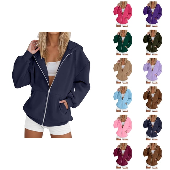 Womens Zip Up Hoodies 2026 Fall Winter Plain Long Sleeve Casual Hoodie Sweatshirt with Pockets Jacket Coat Outerwear