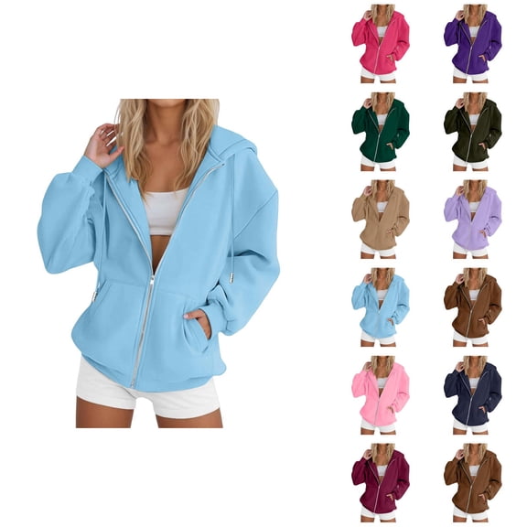 Womens Zip Up Hoodies 2026 Fall Winter Plain Long Sleeve Casual Hoodie Sweatshirt with Pockets Jacket Coat Outerwear