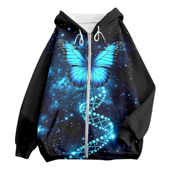 Womens Zip Up Hoodies Boho Butterfly Sweatshirts Graphic Y2K Streetwear Hooded with Pocket