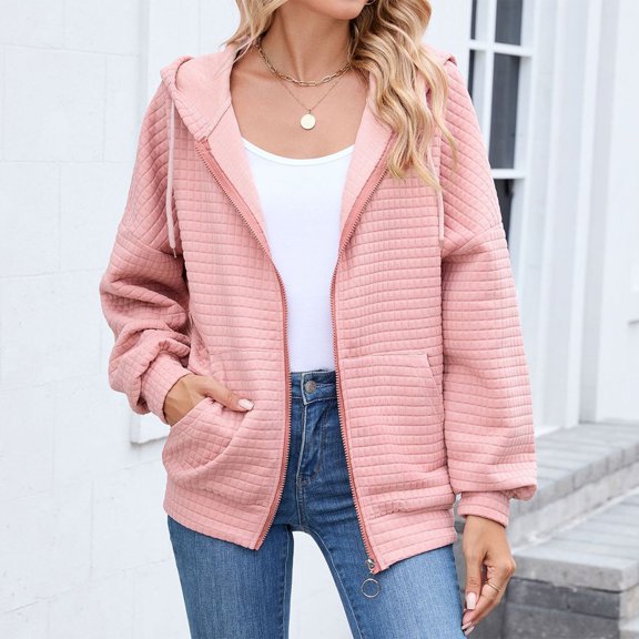 Womens Zip Up Hoodies Casual Long Sleeve Waffle Sweatshirt Loose Hooded Jacket with Pockets
