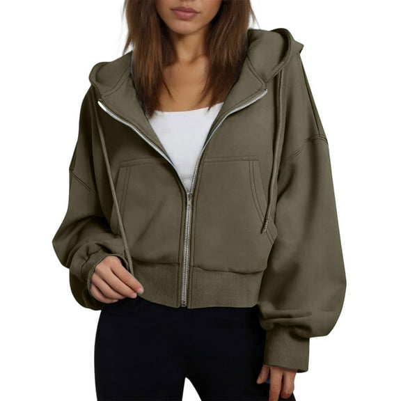 Womens Zip Up Hoodies Cropped Jackets Oversized Sweatshirts Fall Fashion Tops 2025 Sweaters Winter Clothes Army Green M