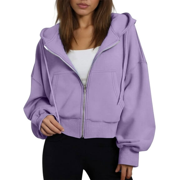 Womens Zip Up Hoodies Cropped Jackets Oversized Sweatshirts Fall Fashion Tops 2025 Sweaters Winter Clothes Purple 2XL