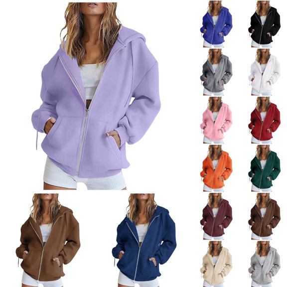 Womens Zip Up Hoodies Drawstring Cute Hoodies Fall Jacket Oversized Casual Sweatshirts with Pocket