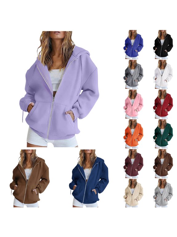 Womens Zip Up Hoodies Drawstring Cute Hoodies Fall Jacket Oversized Casual Sweatshirts with Pocket