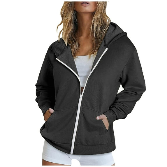 Womens Zip Up Hoodies, Fall Coats for Women Outdoor Athletic Loose Fit Solid Color Drawstring Hooded Long Sleeve Pullover with Pockets S-2XL