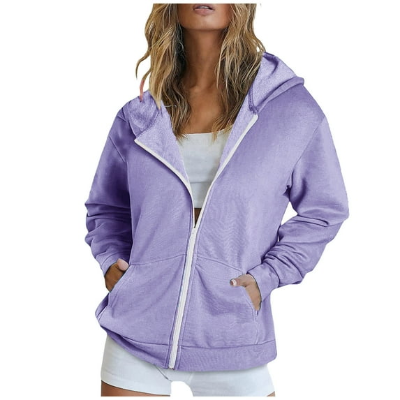 Womens Zip Up Hoodies, Fall Coats for Women Outdoor Athletic Loose Fit Solid Color Drawstring Hooded Long Sleeve Pullover with Pockets S-2XL