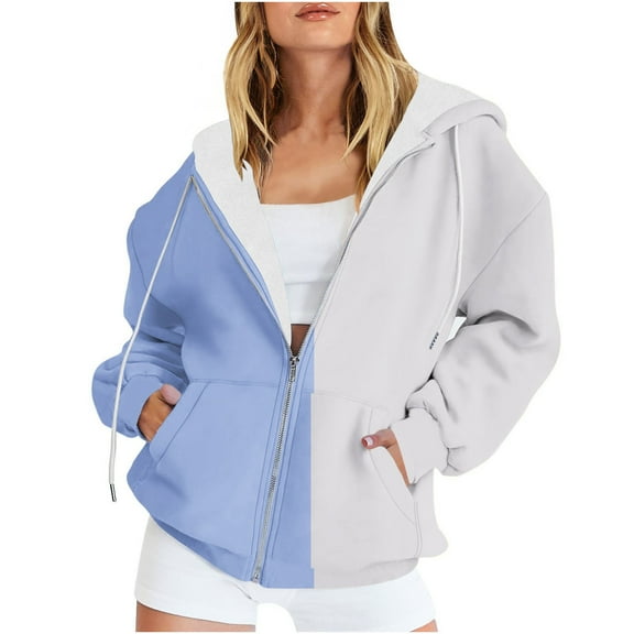 Womens Zip Up Hoodies Fleece Color Block Trendy Long Sleeve 2025 Fall Winter Casual Loose Pullover Sweatshirts With Pockets,Light Blue,L