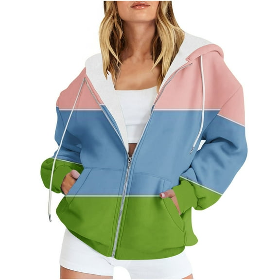 Womens Zip Up Hoodies Fleece Color Block Trendy Long Sleeve 2025 Fall Winter Casual Loose Pullover Sweatshirts With Pockets,Pink 1,L